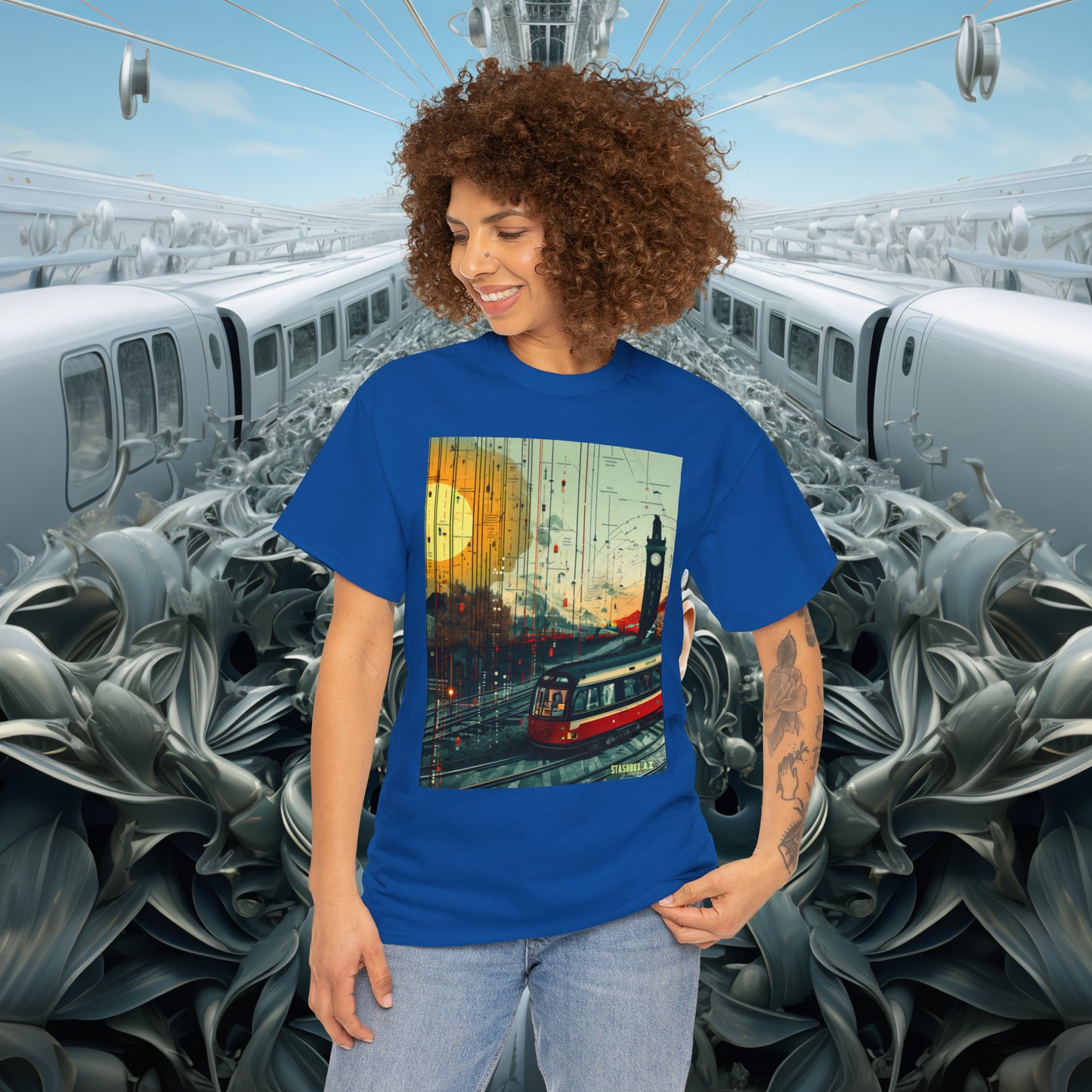 Unisex Heavy Cotton Tee Train Bauhaus Art Style Design 002