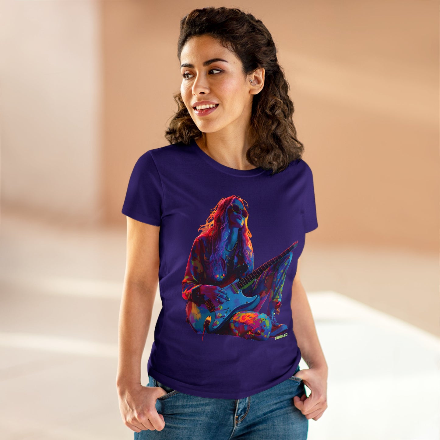 Women's Midweight Cotton Tshirt Colorful Hippy Female Guitarist in the Groove  002