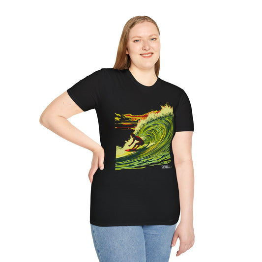 Unisex Softstyle Tshirt Surfing Hawaii Wave Art Green Yellow Red 51
