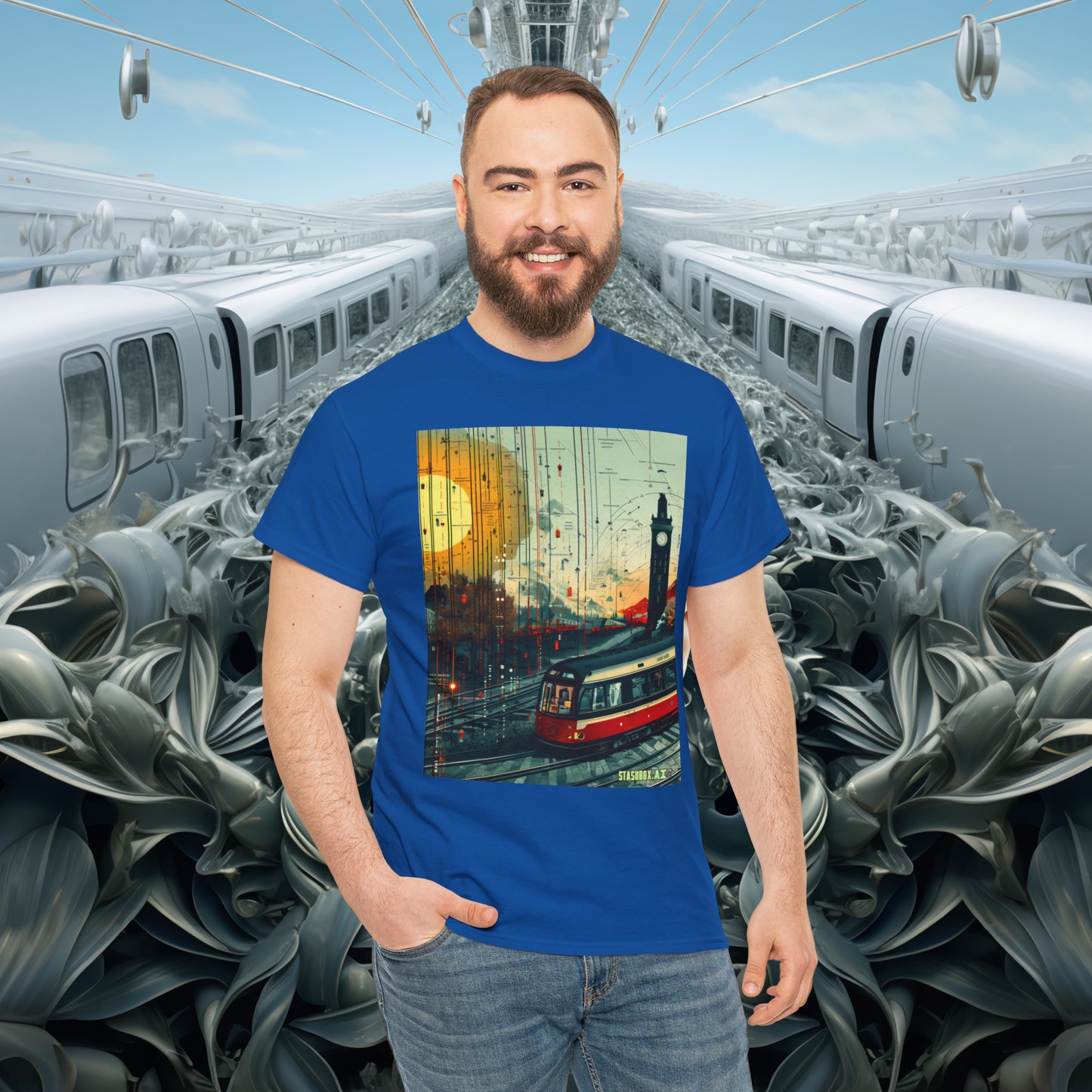 Unisex Heavy Cotton Tee Train Bauhaus Art Style Design 002
