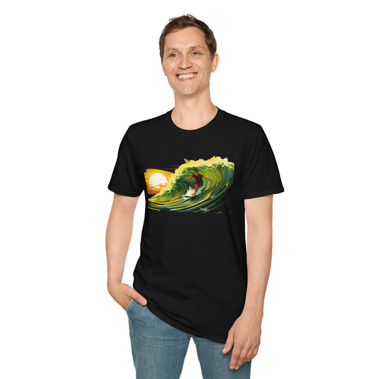 Unisex Softstyle Tshirt Surfing Hawaii Wave Art Green Yellow Red 52