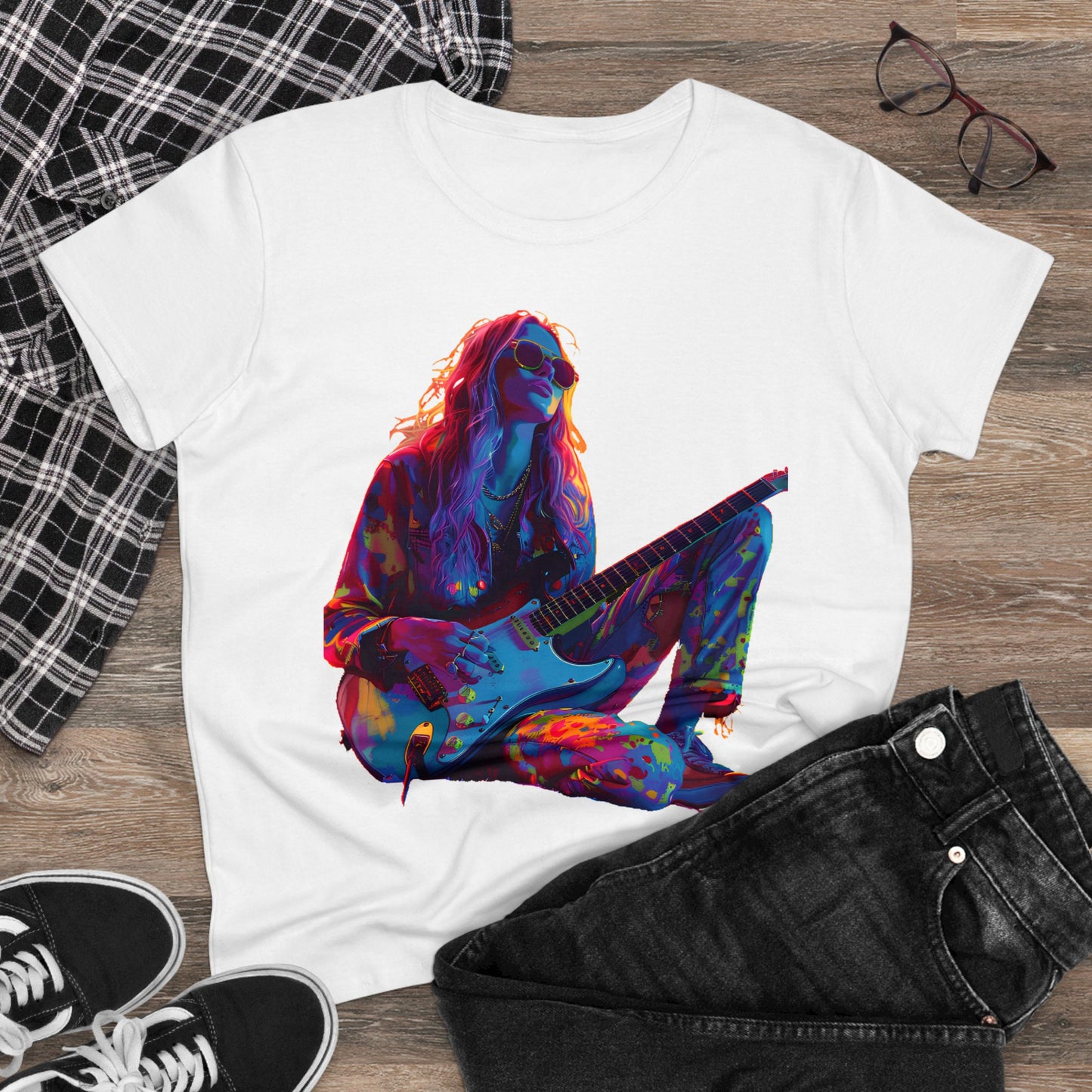 Women's Midweight Cotton Tshirt Colorful Hippy Female Guitarist in the Groove  002