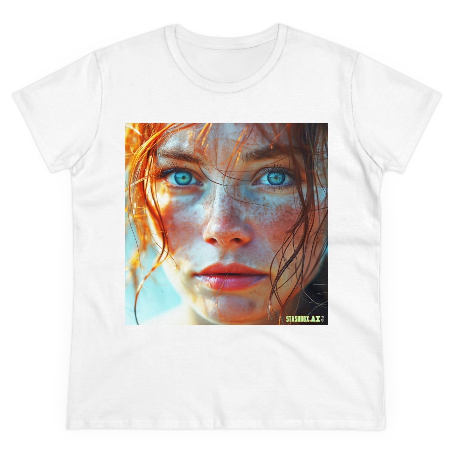 Women's Midweight Cotton Tshirt Redhead Model Beautiful Face Close Up 020