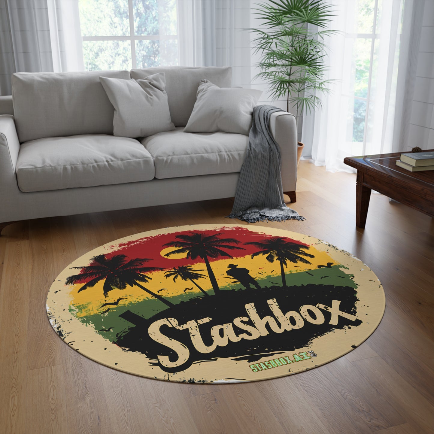 Round Rug Stashbox Rasta Green Yellow Red Tropical Design 001