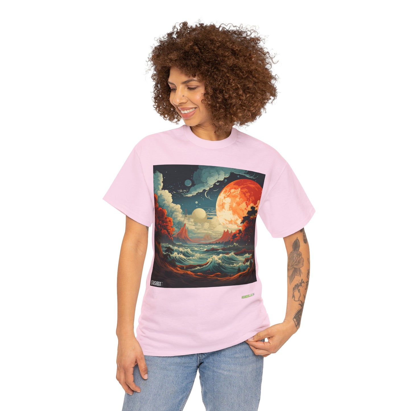 Unisex Heavy Cotton Tshirt Spacy Colorful Beach w/ Waves 37
