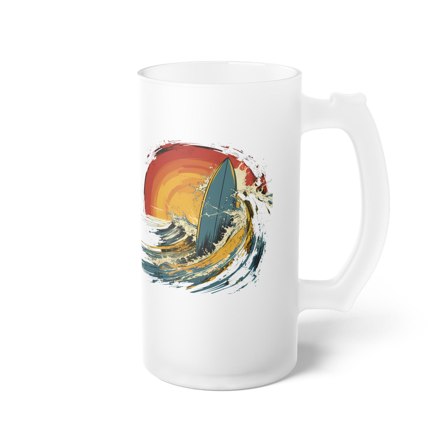 Embrace the thrill of the waves with our Colorful Surfboard & Wave Frosted Glass Beer Mug. Waves Design #036. Sip into surf style, exclusively at Stashbox.ai.