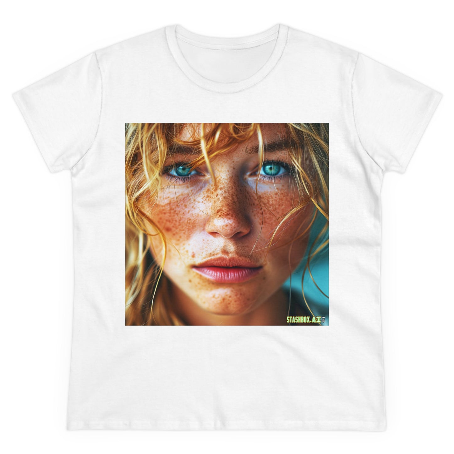 Women's Midweight Cotton Tshirt Redhead Model Beautiful Face Close Up 021