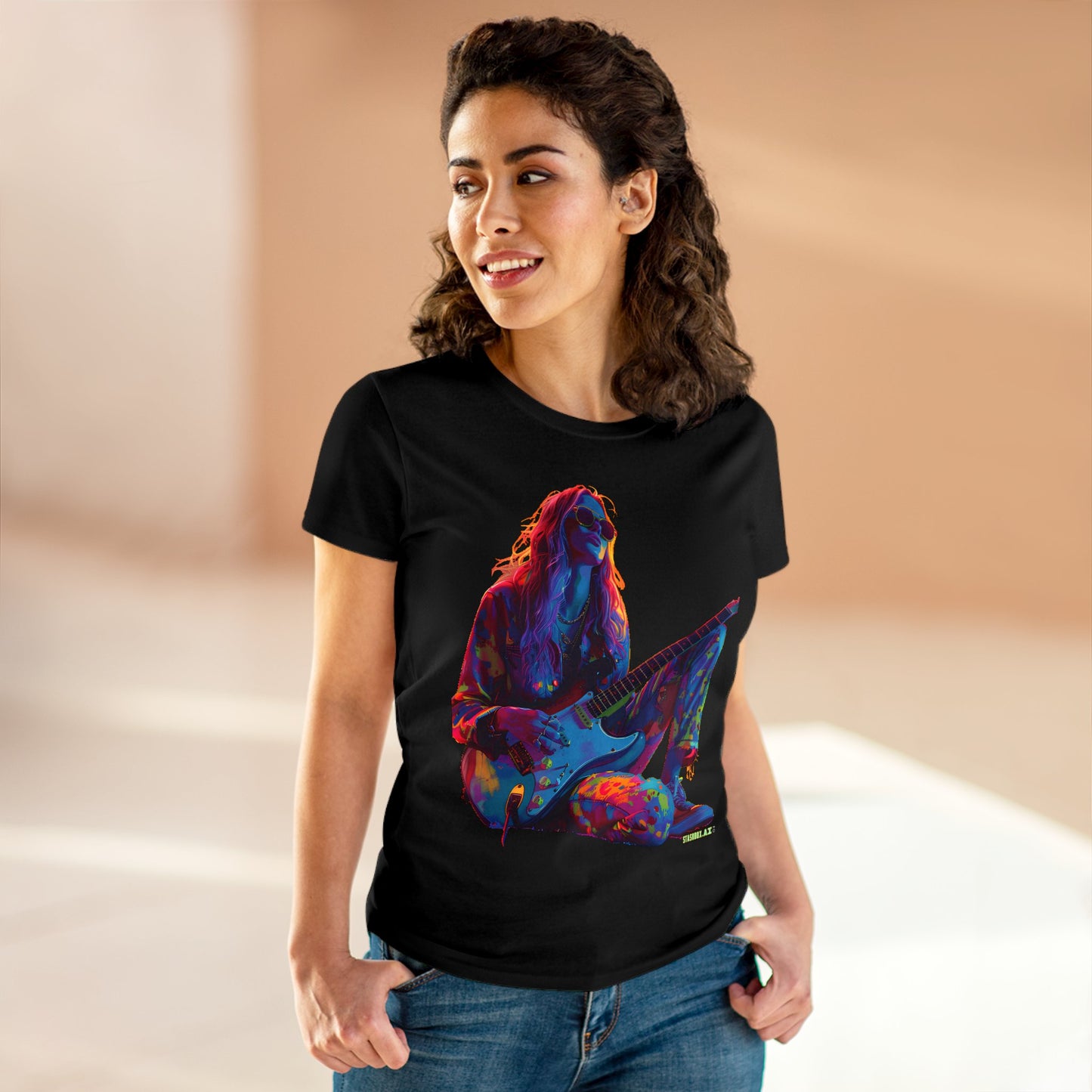 Women's Midweight Cotton Tshirt Colorful Hippy Female Guitarist in the Groove  002