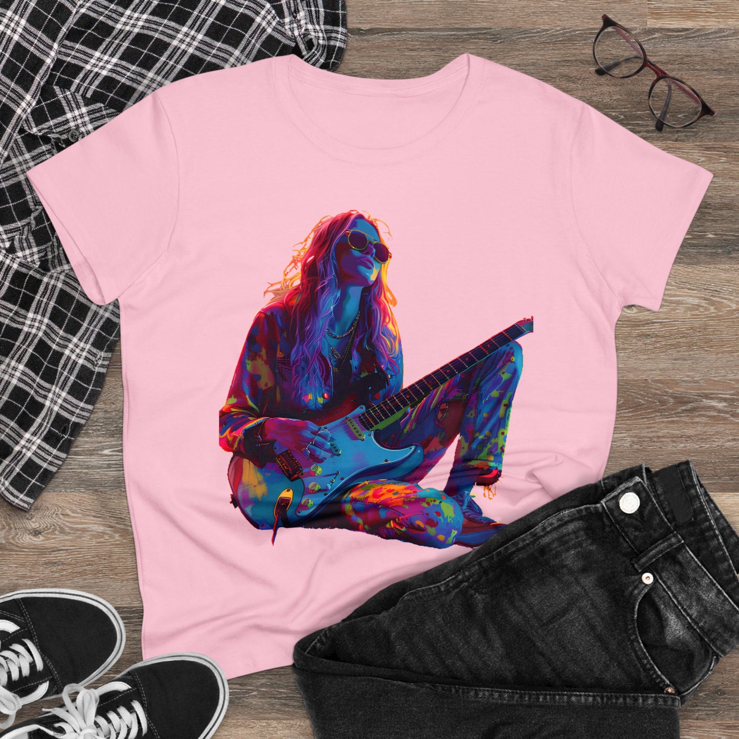 Women's Midweight Cotton Tshirt Colorful Hippy Female Guitarist in the Groove  002