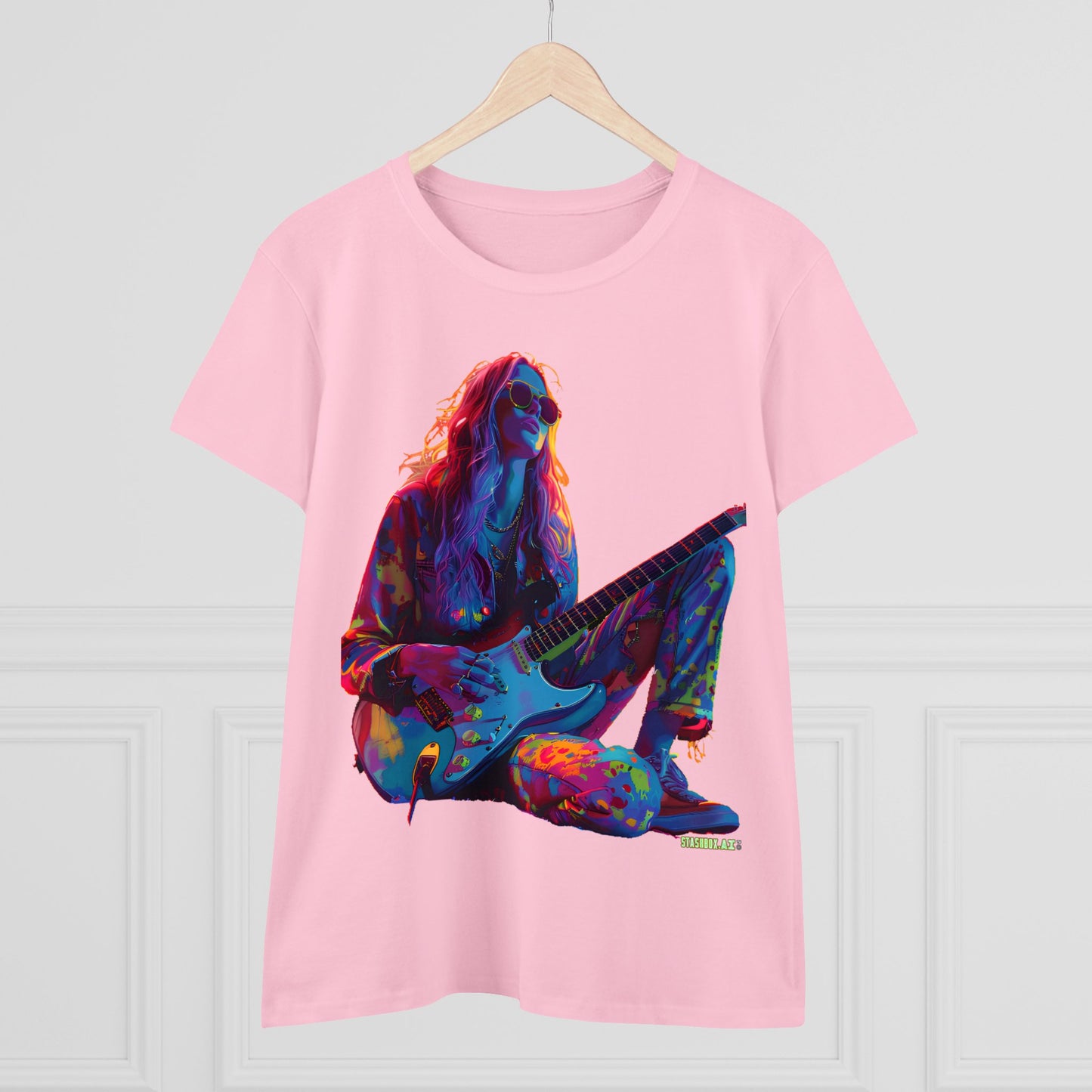 Women's Midweight Cotton Tshirt Colorful Hippy Female Guitarist in the Groove  002
