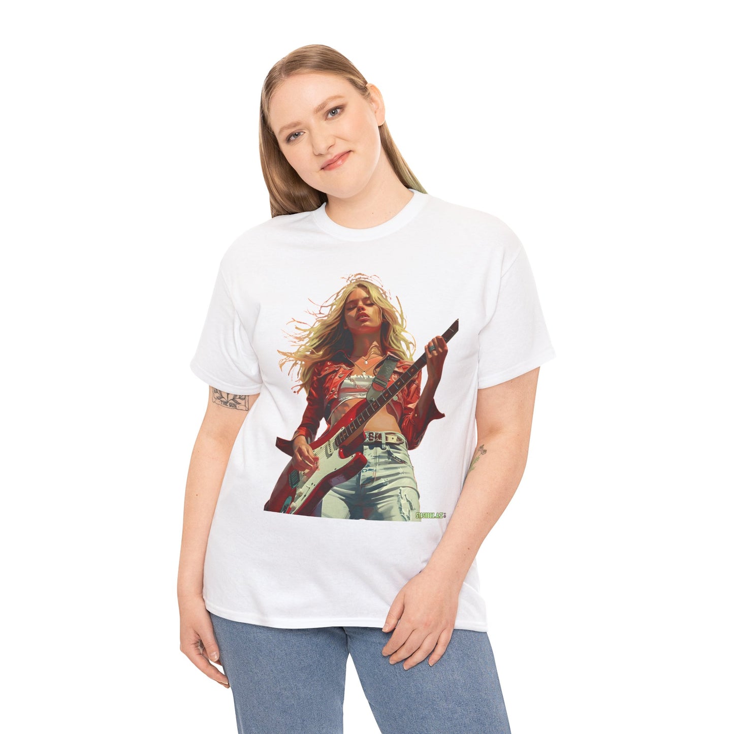 Unisex Heavy Cotton T-Shirt Girl Guitarist Rocking 013