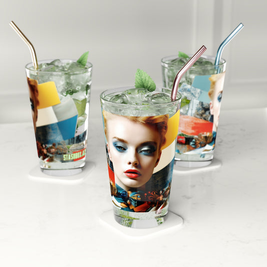 Stashbox Train Designs #009: Unique 16oz Model Bauhaus Pint Glass Collectible Glassware: Intriguing Bauhaus-style Train Mural