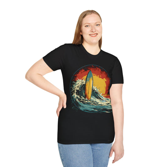 Unisex Softstyle T-Shirt Surfboard & Wave - Surfing Wave Sunset Art 2 Designs on 1 - 47ab