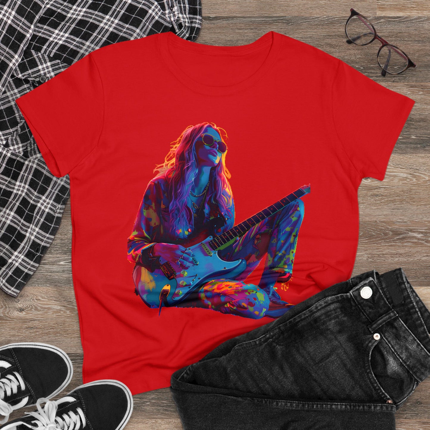 Women's Midweight Cotton Tshirt Colorful Hippy Female Guitarist in the Groove  002