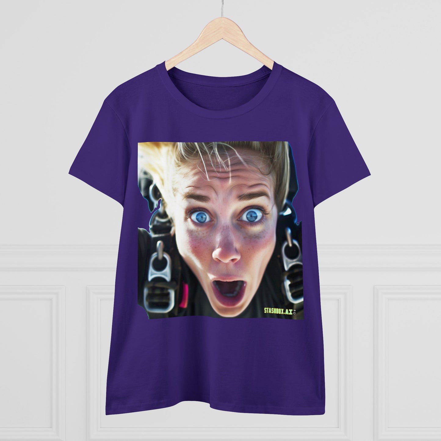 Women's Midweight Cotton Tshirt Terrified Skydiver Close Up 023