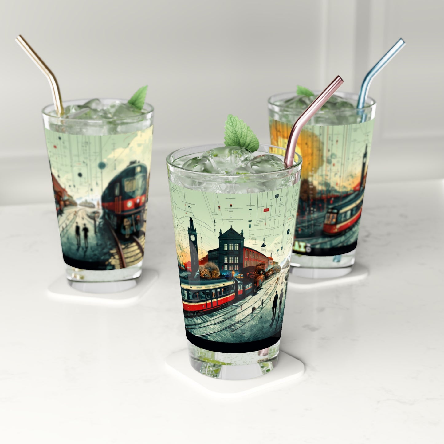 Unique 16oz Glass with Meandering Bauhaus Train Artwork