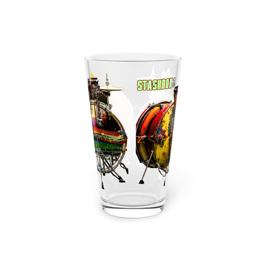 Colorful Paint Drip Art on Drum Kit - Psychedelic Art Pint Glass, 16oz - Music Design #006