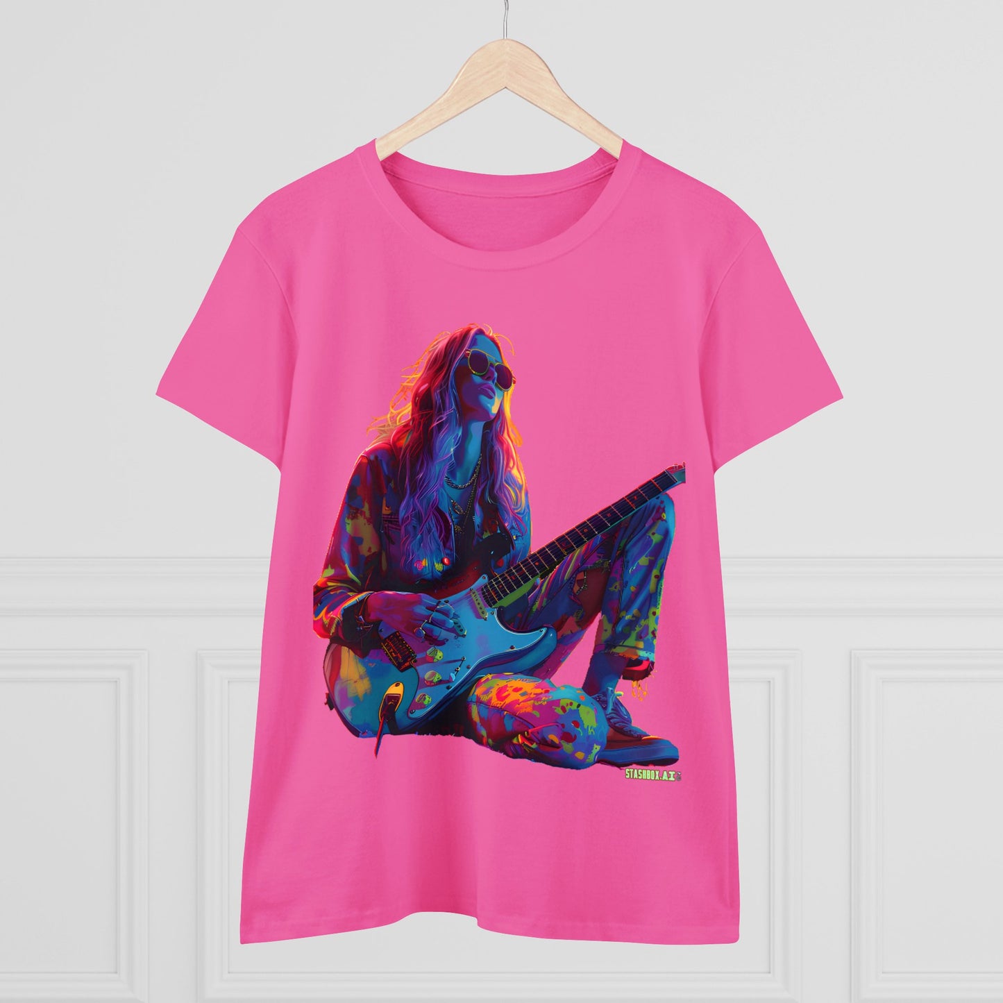 Women's Midweight Cotton Tshirt Colorful Hippy Female Guitarist in the Groove  002