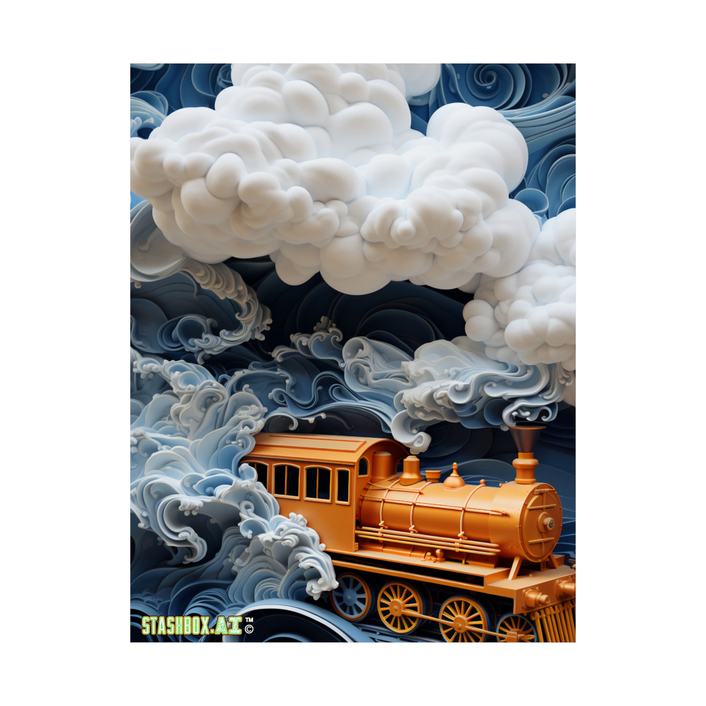 Matte Vertical Poster Train 3D Textured Psychedelic Puffy Clouds Ocean Waves Train 016