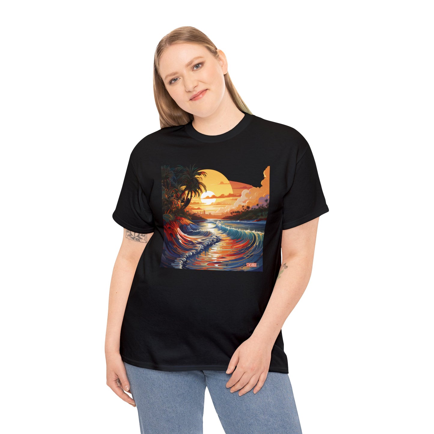 Stunning Sunset Beach Waves Art - Unisex Heavy Cotton Tee - Waves Design #057
