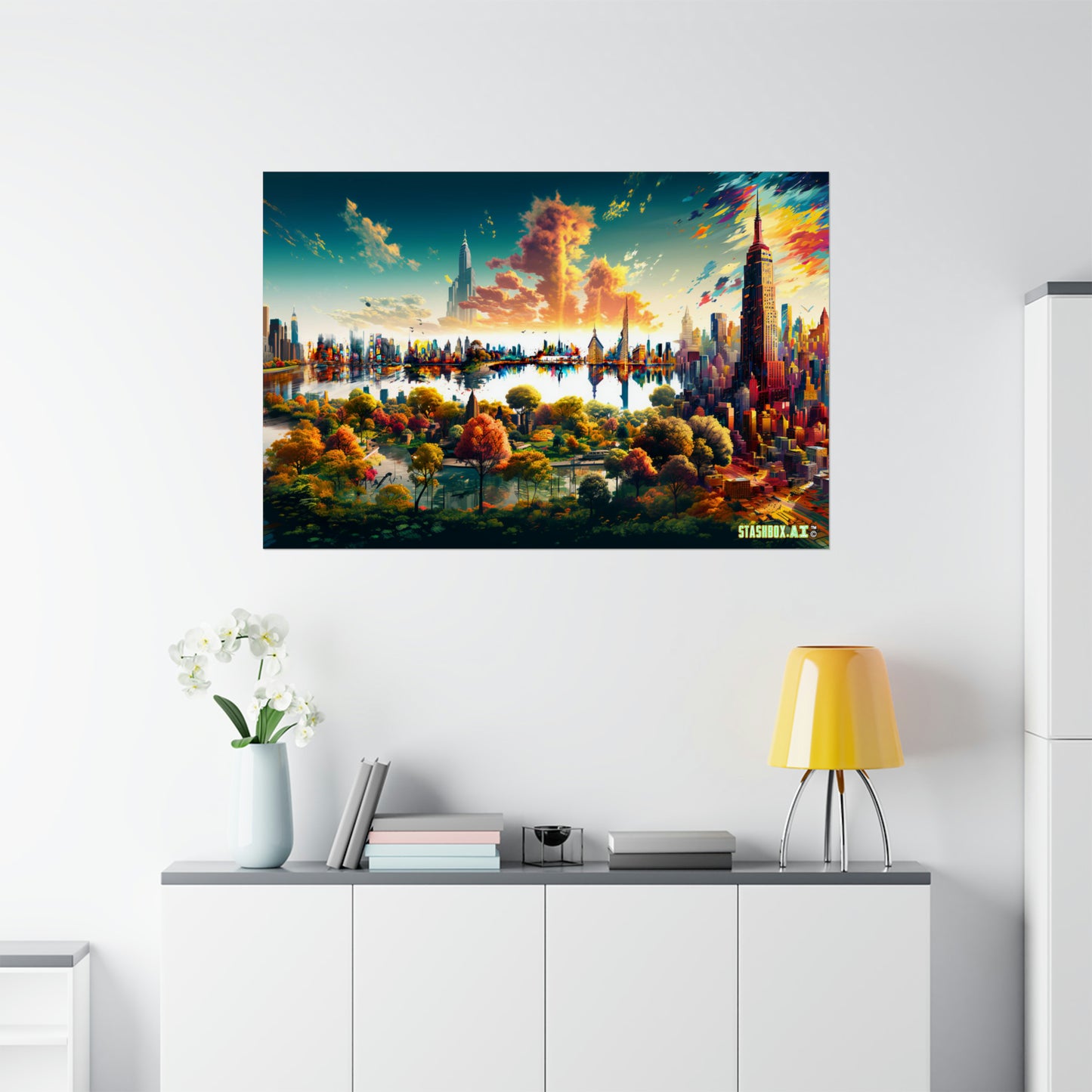 Retro-Futuristic New York Poster - Stashbox NYC Design - #RetroCityscape #FuturisticArt #MirroredDesign #StashboxExclusive #CityscapeElegance