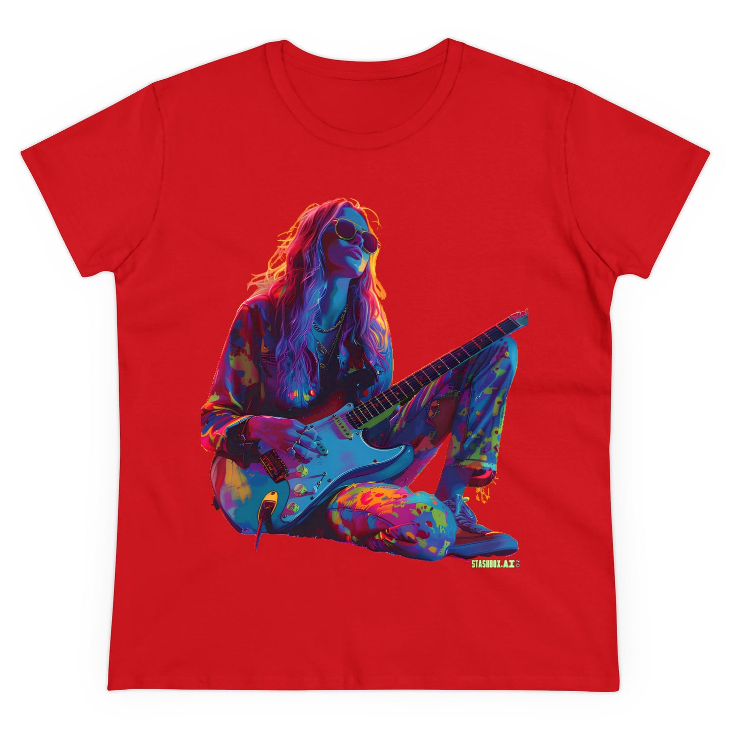 Women's Midweight Cotton Tshirt Colorful Hippy Female Guitarist in the Groove  002