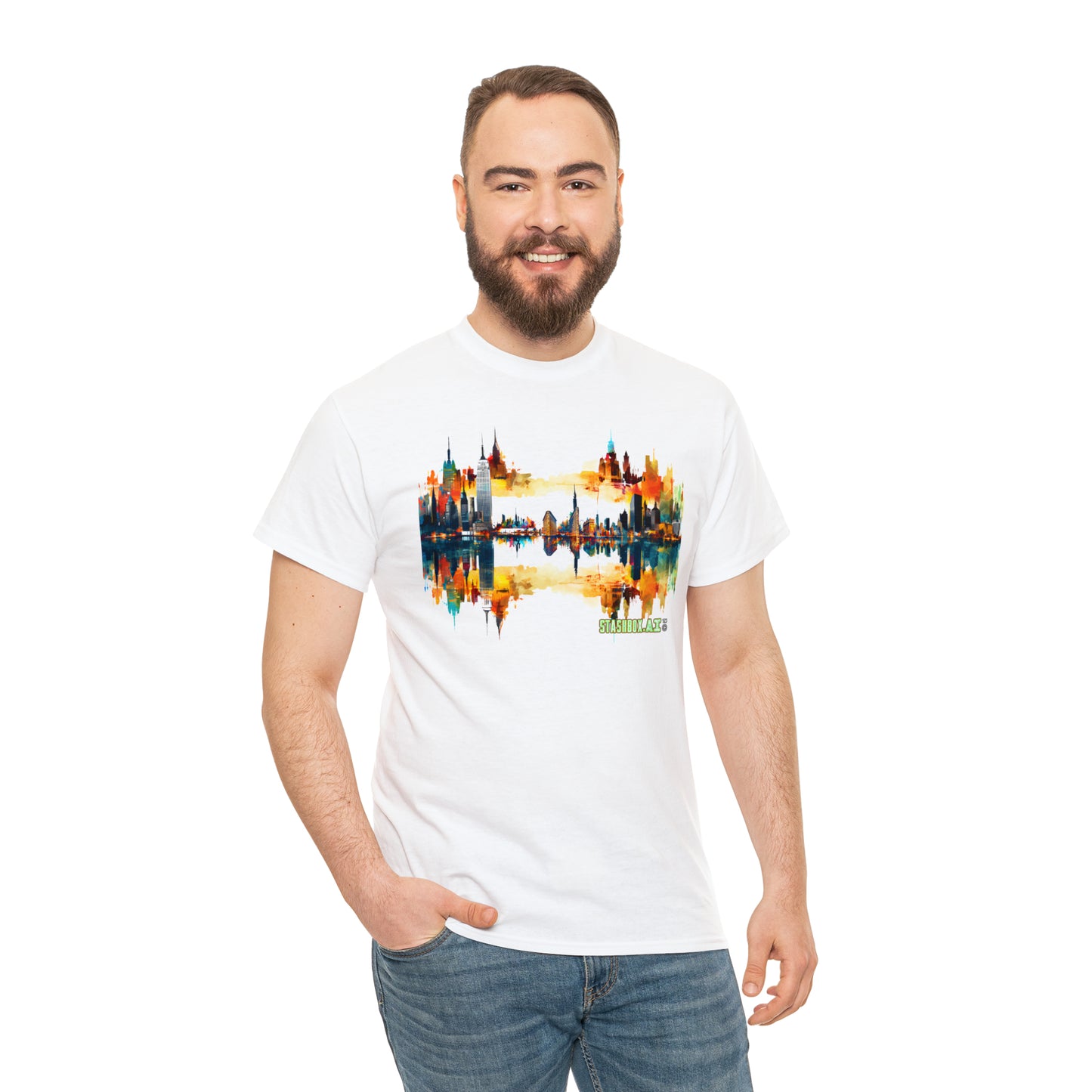 Unisex Heavy Cotton T-Shirt featuring NYC Skyline Art - Stashbox New York Tee