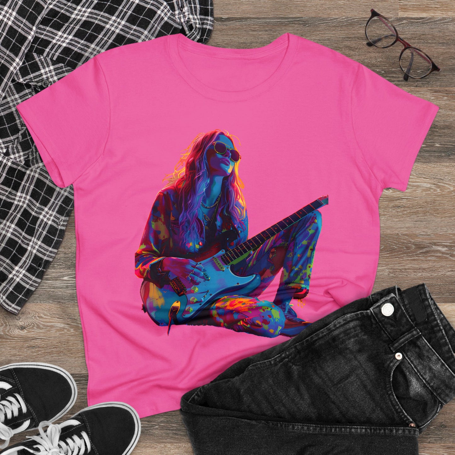 Women's Midweight Cotton Tshirt Colorful Hippy Female Guitarist in the Groove  002