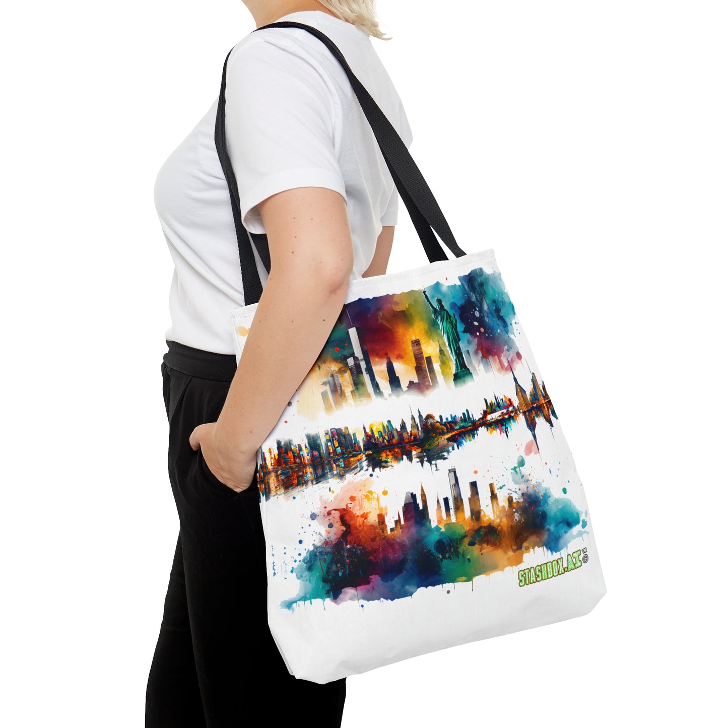 New York Cityscape Watercolor Tote Bag - Stashbox Artwork - #NewYorkCity #CityLife #WatercolorFashion #ArtisticTote #StashboxExclusive