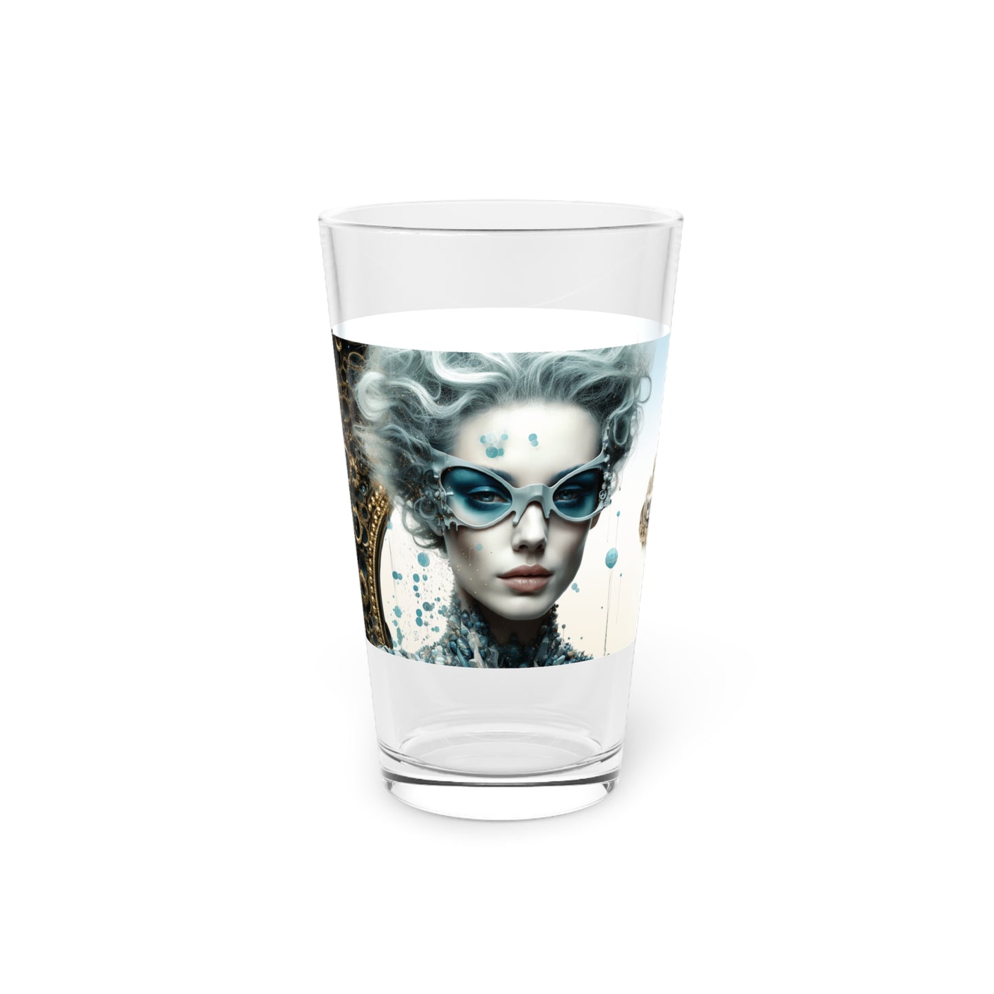 Dive into the depths of creativity with our Surreal Metro Pint Glass. Detailed world-building and intricate architectures in silver and aquamarine hues make this glass a unique collector's item. #ArtisticGlass #StashboxTrains