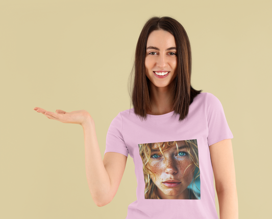 Women's Midweight Cotton Tshirt Redhead Model Beautiful Face Close Up 021