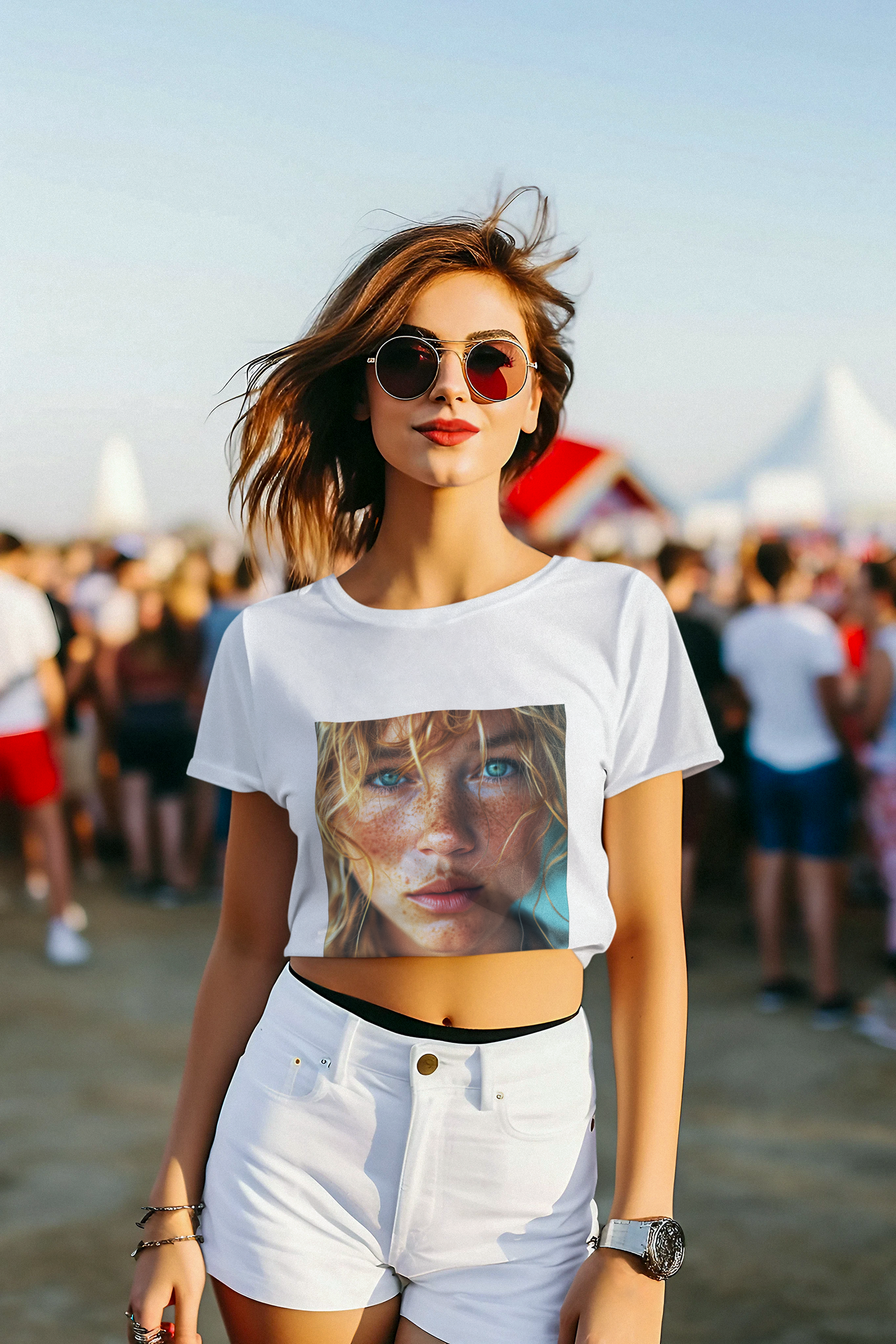 Women's Midweight Cotton Tshirt Redhead Model Beautiful Face Close Up 021