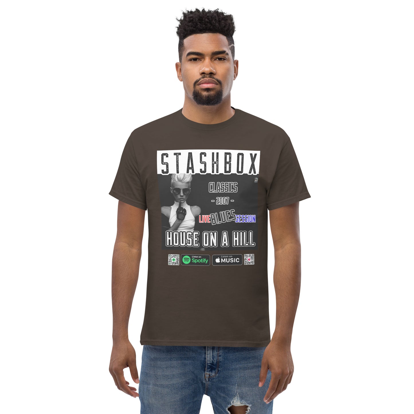Reach new heights in fashion with our Design #019 Men's Classic Tee. Your style, your artistic elevation, exclusively at Stashbox.ai.