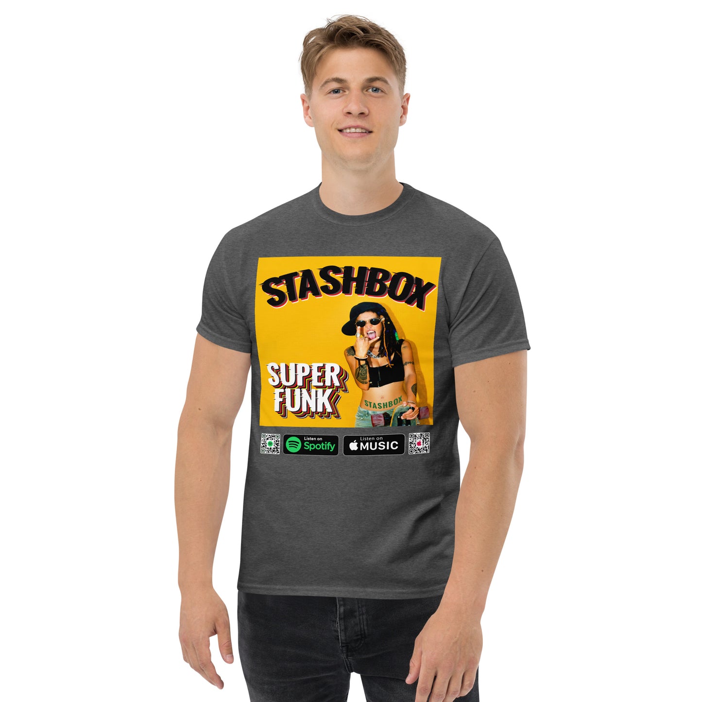Funk Up Your Wardrobe: Super Funk Men's Classic Tee by Stashbox. Elevate your fashion game with the essence of funk. This tee captures the funky spirit, making it a must-have for music enthusiasts. Let your wardrobe groove. #FunkyTeeStyle #MusicFueledFashion #StashboxGroove