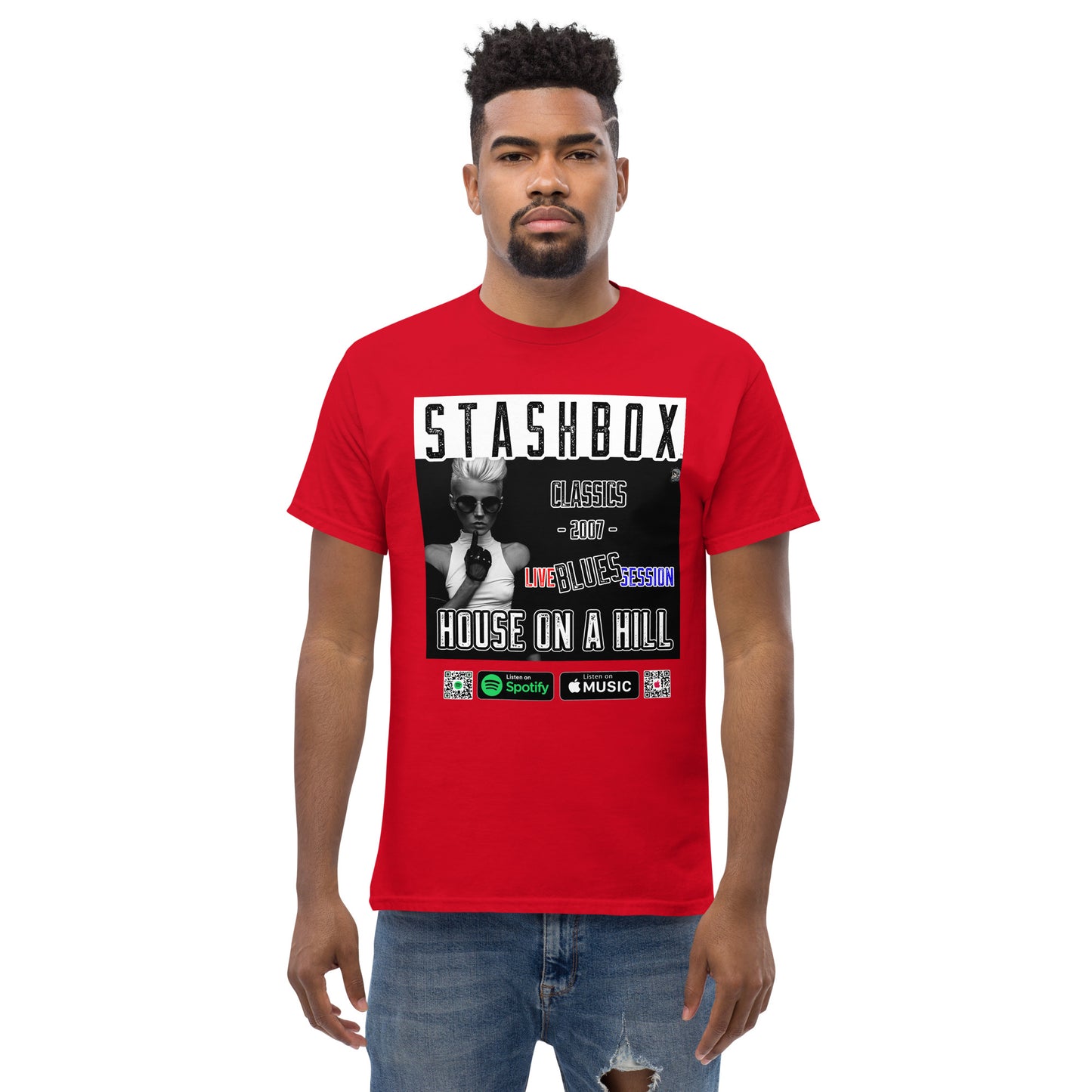 Reach new heights in fashion with our Design #019 Men's Classic Tee. Your style, your artistic elevation, exclusively at Stashbox.ai.
