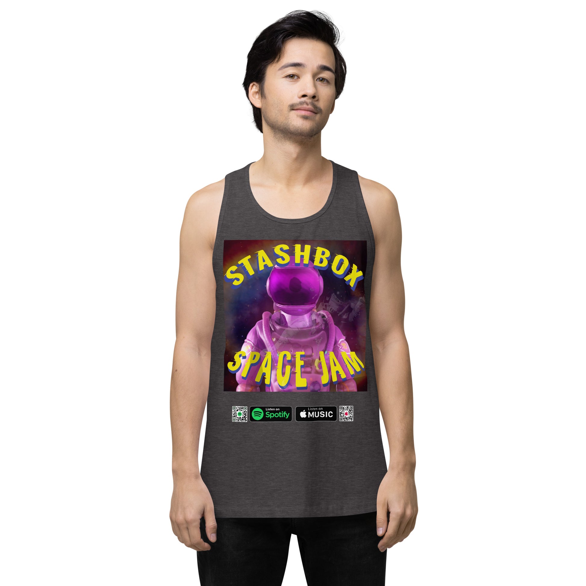 Beyond Gravity: Space Jam - Stashbox Men’s Premium Tank Top, Artwork #005. Elevate your wardrobe to intergalactic heights with this premium tank. A fusion of art and astronomy, perfect for those who find inspiration in the cosmos. #StashboxGalacticArt #SpaceFashion #AstronomyLovers