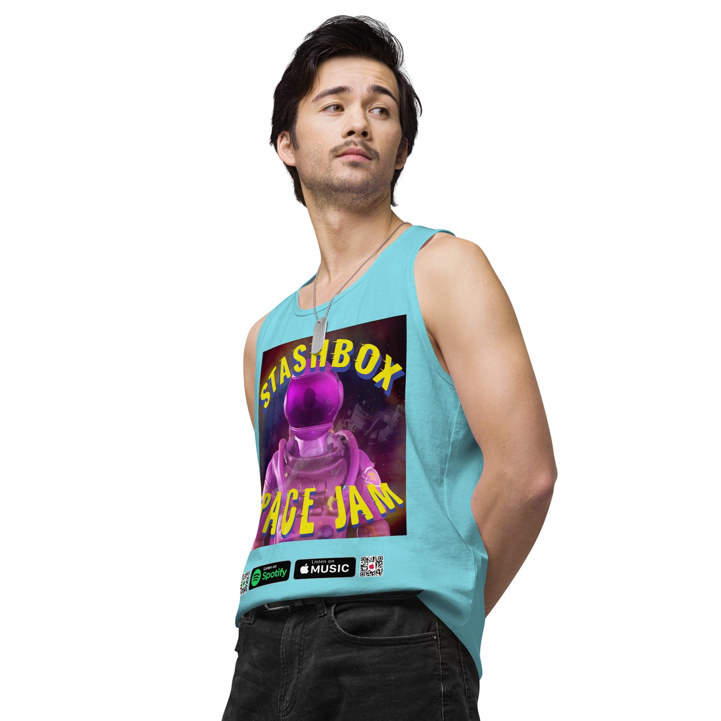 Beyond Gravity: Space Jam - Stashbox Men’s Premium Tank Top, Artwork #005. Elevate your wardrobe to intergalactic heights with this premium tank. A fusion of art and astronomy, perfect for those who find inspiration in the cosmos. #StashboxGalacticArt #SpaceFashion #AstronomyLovers