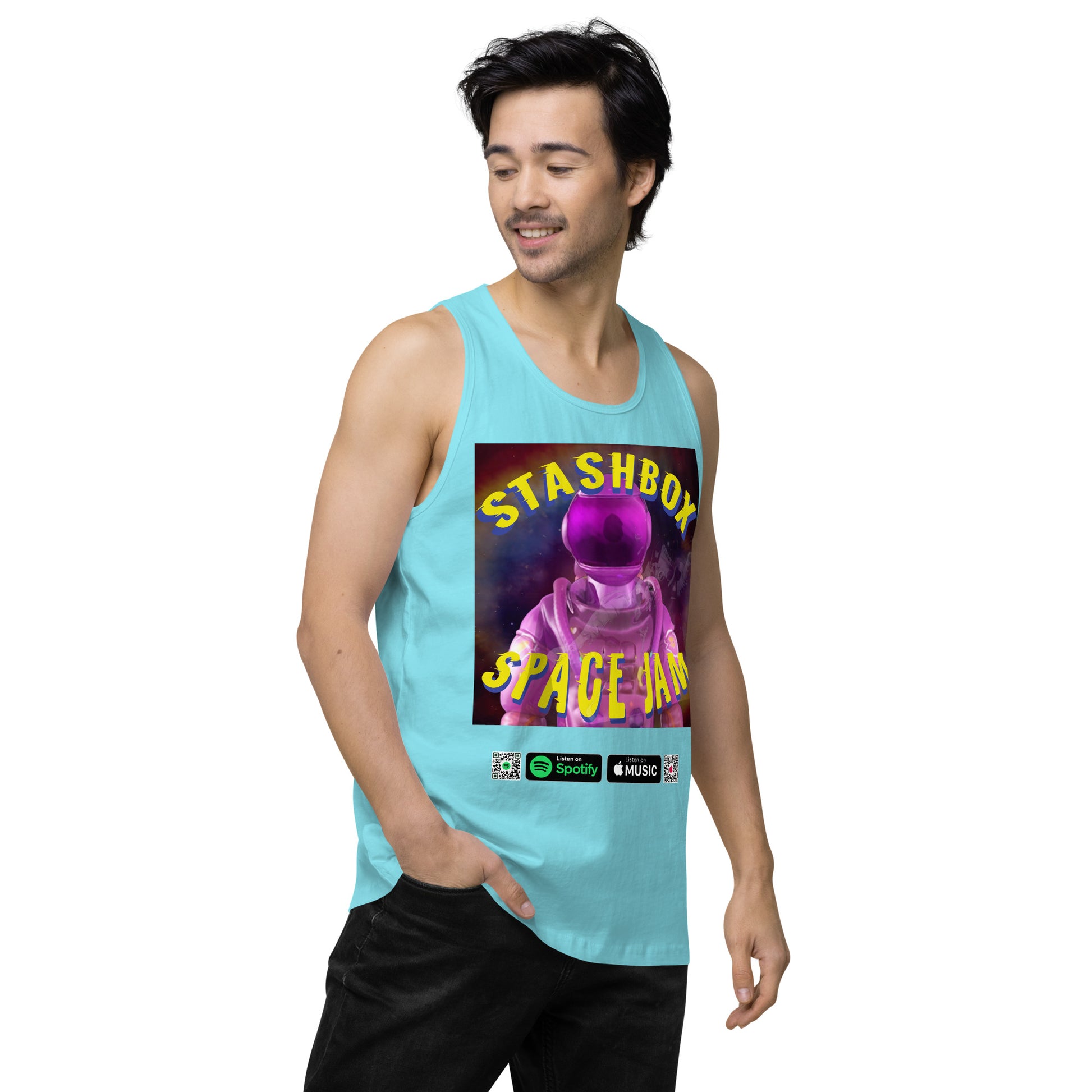 Beyond Gravity: Space Jam - Stashbox Men’s Premium Tank Top, Artwork #005. Elevate your wardrobe to intergalactic heights with this premium tank. A fusion of art and astronomy, perfect for those who find inspiration in the cosmos. #StashboxGalacticArt #SpaceFashion #AstronomyLovers