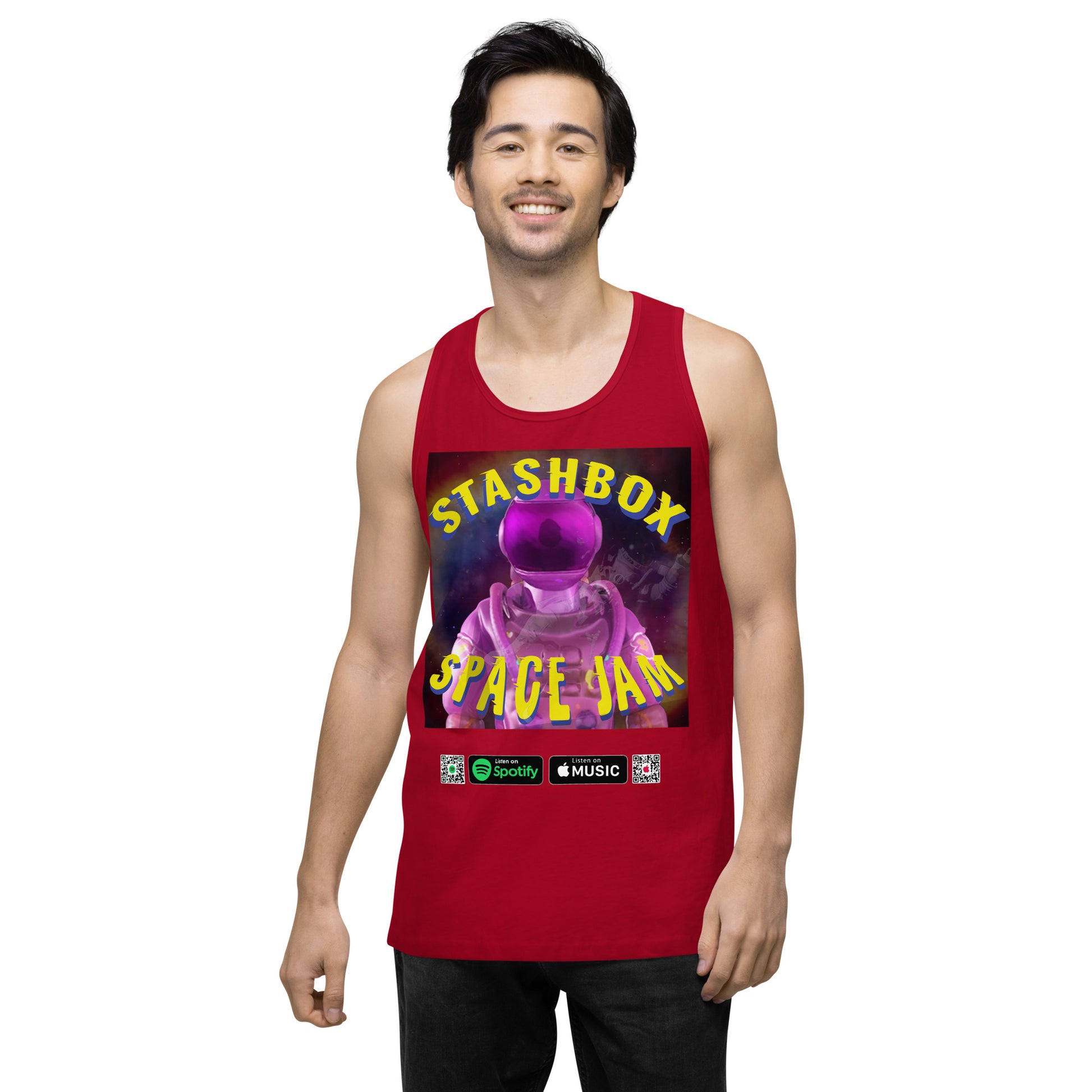 Fashion Beyond Earth: Space Jam - Stashbox Men’s Premium Tank Top, Design #005. Step into intergalactic fashion with this premium tank. A fusion of cosmic art and comfort, perfect for those who dream beyond the stars. #StashboxGalacticArt #SpaceEnthusiast #AstronomyFashion