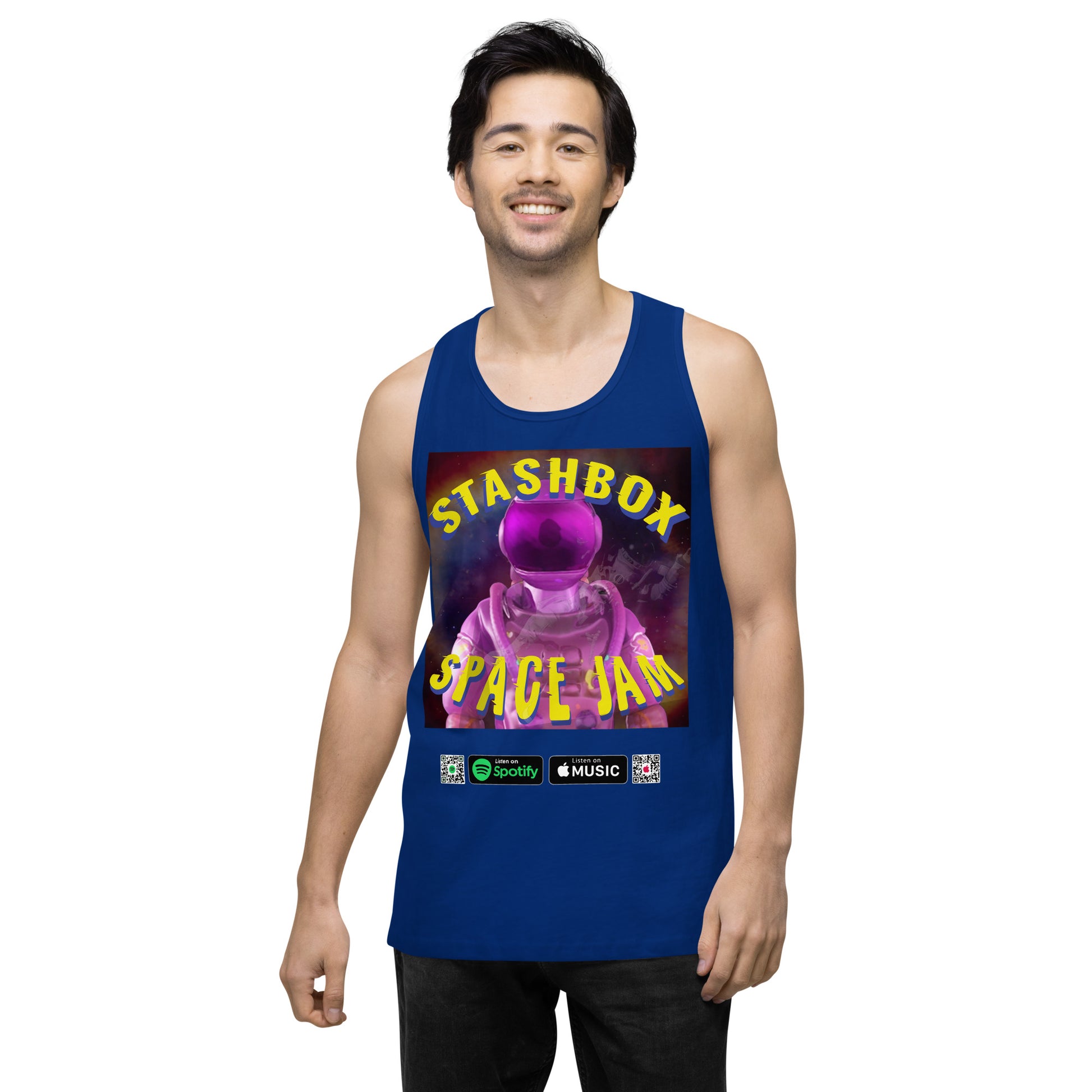 Stellar Wardrobe Addition: Space Jam - Stashbox Men’s Premium Tank Top, Design #005. Elevate your style with this cosmic tank top. Its captivating design blends art and astronomy, making it ideal for stargazers and fashion-forward individuals. #StashboxSpaceFashion #CelestialChic #GalacticComfort