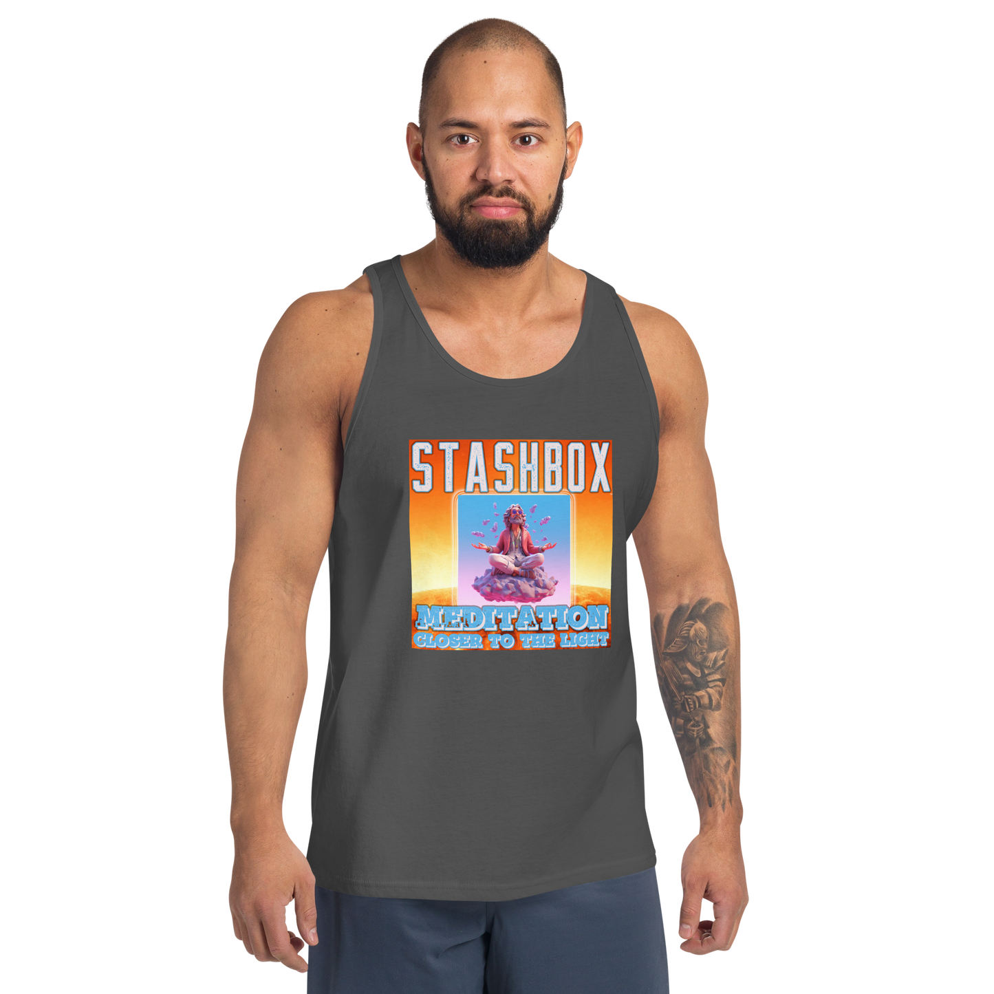Immerse yourself in calmness with our Artwork #003 Meditation: Closer To the Light Men's Tanktop Shirt. Your clothing, your embrace of inner stillness, exclusively at Stashbox.ai.