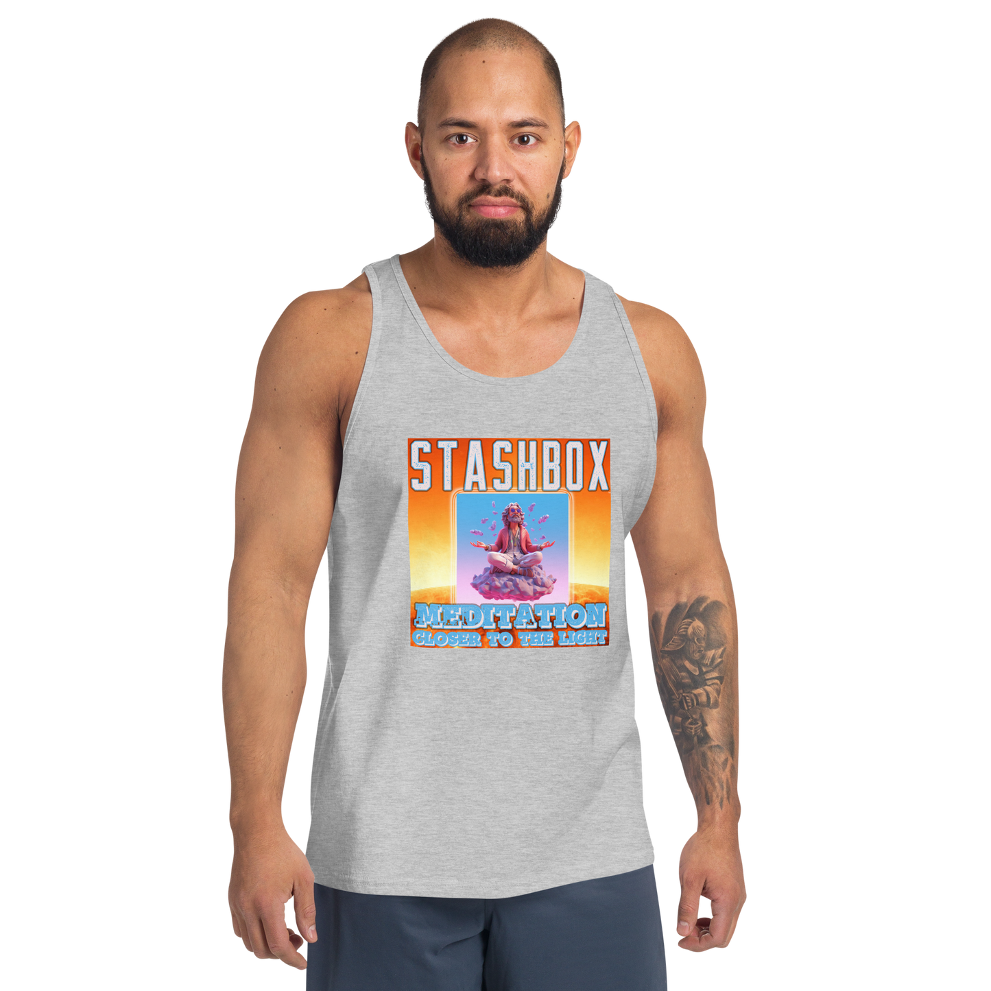 Immerse yourself in calmness with our Artwork #003 Meditation: Closer To the Light Men's Tanktop Shirt. Your clothing, your embrace of inner stillness, exclusively at Stashbox.ai.