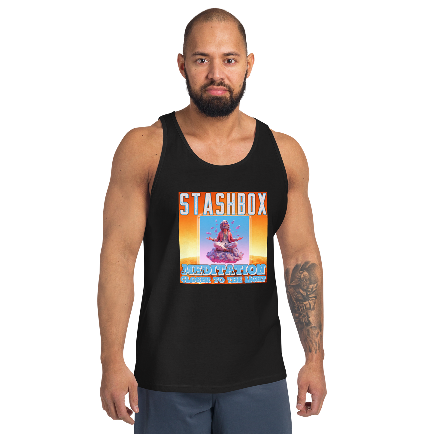 Find tranquility in our Meditation: Closer To the Light Men's Tanktop Shirt, Artwork #003 by Stashbox. Your attire, your path to inner peace, exclusively at Stashbox.ai.