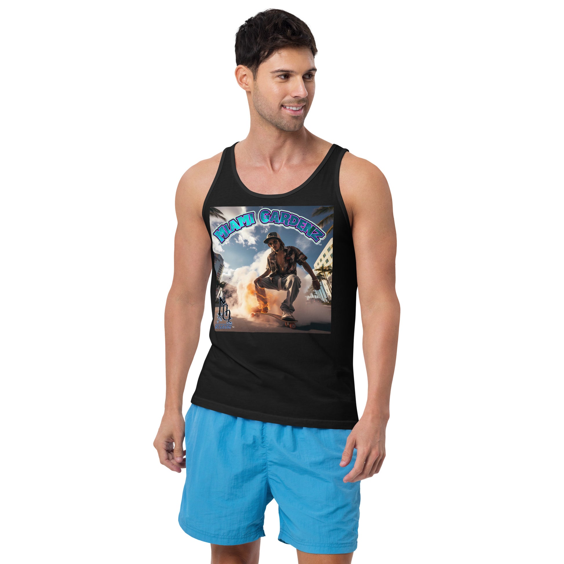 Front View Embrace Miami's botanical allure with our Miami Gardenz Unisex Tank Top. Your apparel, your botanical style statement, exclusively at Stashbox.ai.