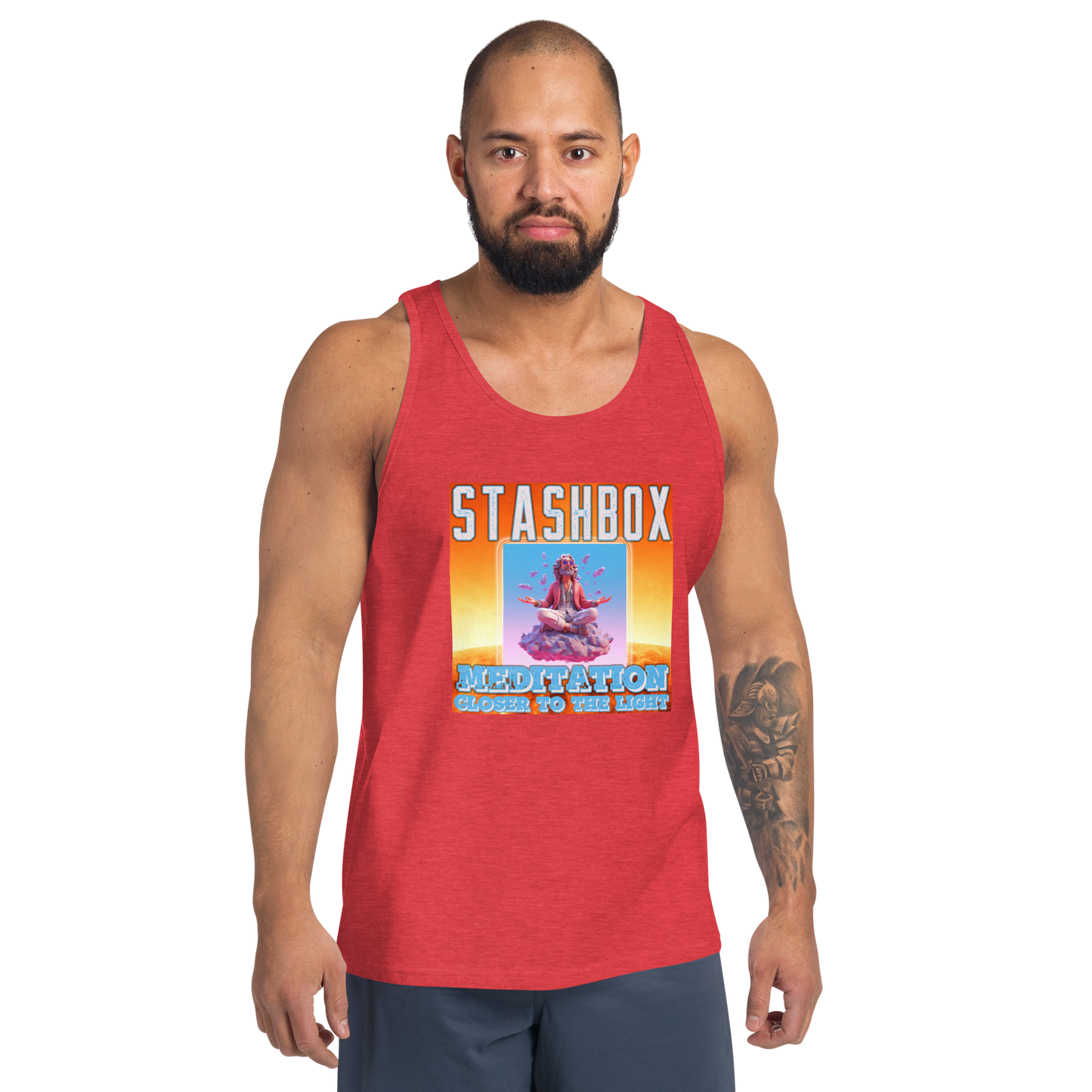 Discover serenity with our Meditation: Closer To the Light Men's Tanktop Shirt, Artwork #003 by Stashbox. Your wardrobe, your journey to mindfulness, exclusively at Stashbox.ai.