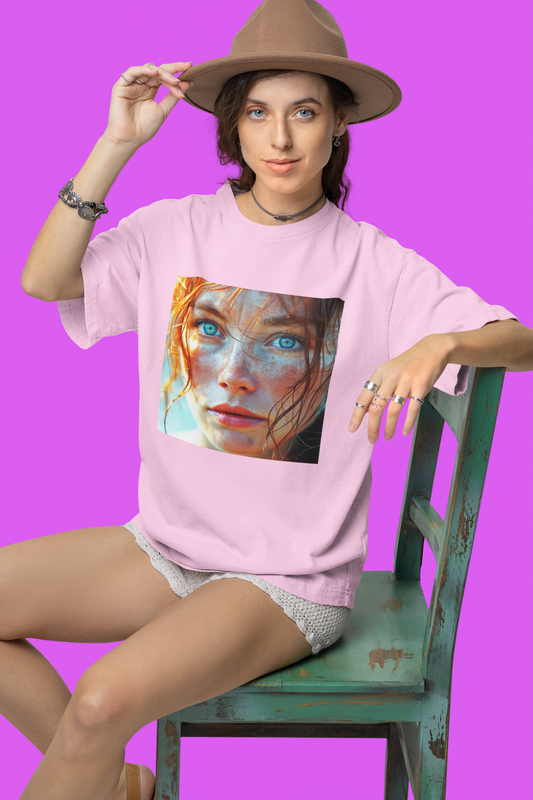 Women's Midweight Cotton Tshirt Redhead Model Beautiful Face Close Up 020