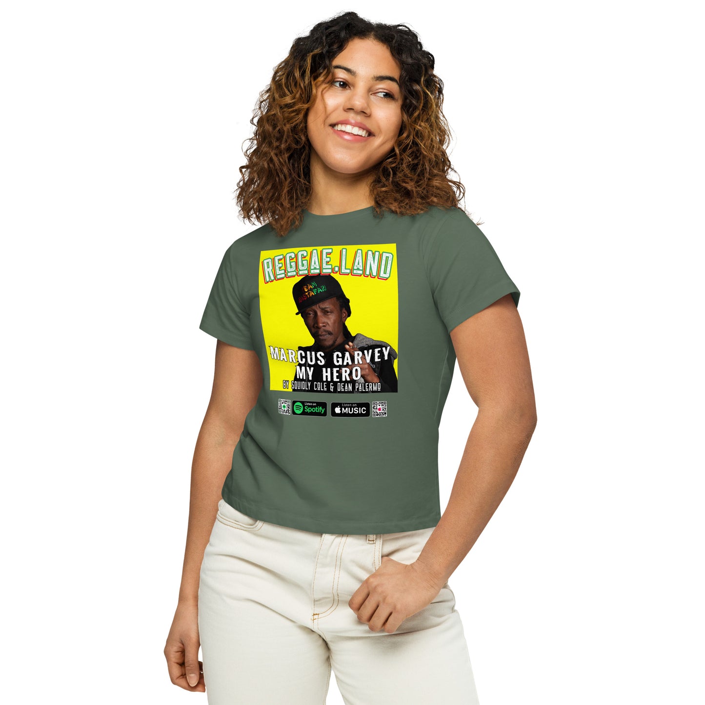 Radiate Heroism: Reggae.Land Women's High-Waisted T-Shirt - Artwork #010. Marcus Garvey's essence, exclusively at Stashbox.ai.