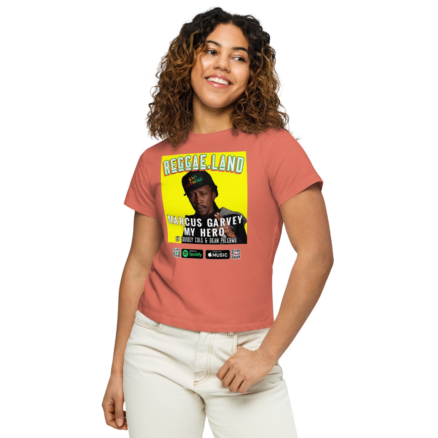 Feminine Empowerment: Reggae.Land Women's High-Waisted T-Shirt - Artwork #010. Garvey's legacy, exclusively at Stashbox.ai.