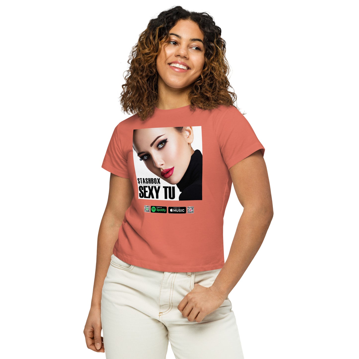 Chic & Confident: Sexy Tu Women’s High-Waisted T-Shirt - Design #015. Flaunt your style with Stashbox fashion.