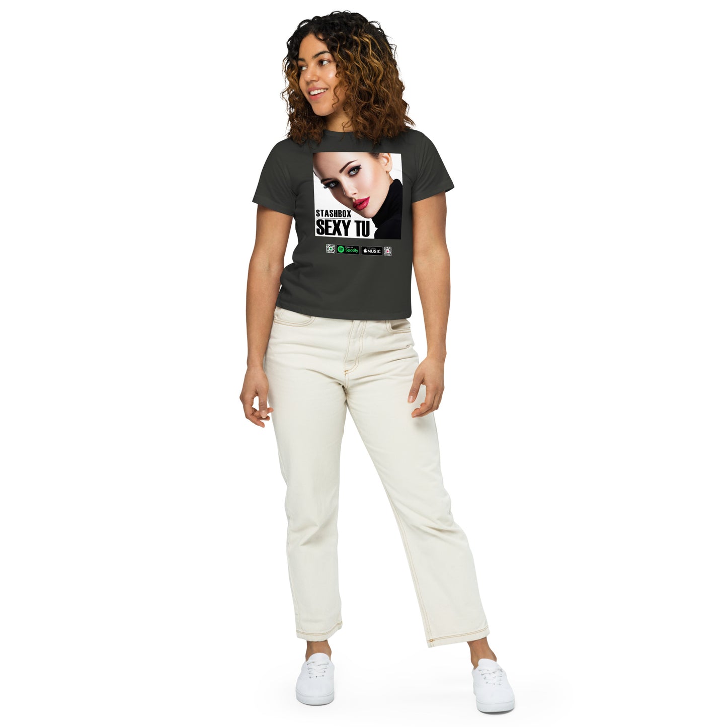 Bold & Beautiful: Sexy Tu Women’s High-Waisted T-Shirt - Design #015. Elevate your fashion game with Stashbox.